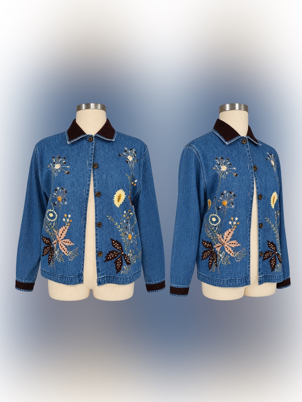 Tantrums Blue Denim button up with Fall Floral  Embroidery with pockets size M